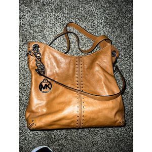 MK Uptown Astor Gold Studded Sway Shoulder Caramel Leather Bag 15 x 13